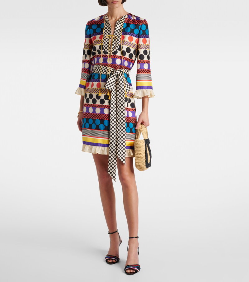 Valentino patterned silk dress with a tie waist and ruffle hem.