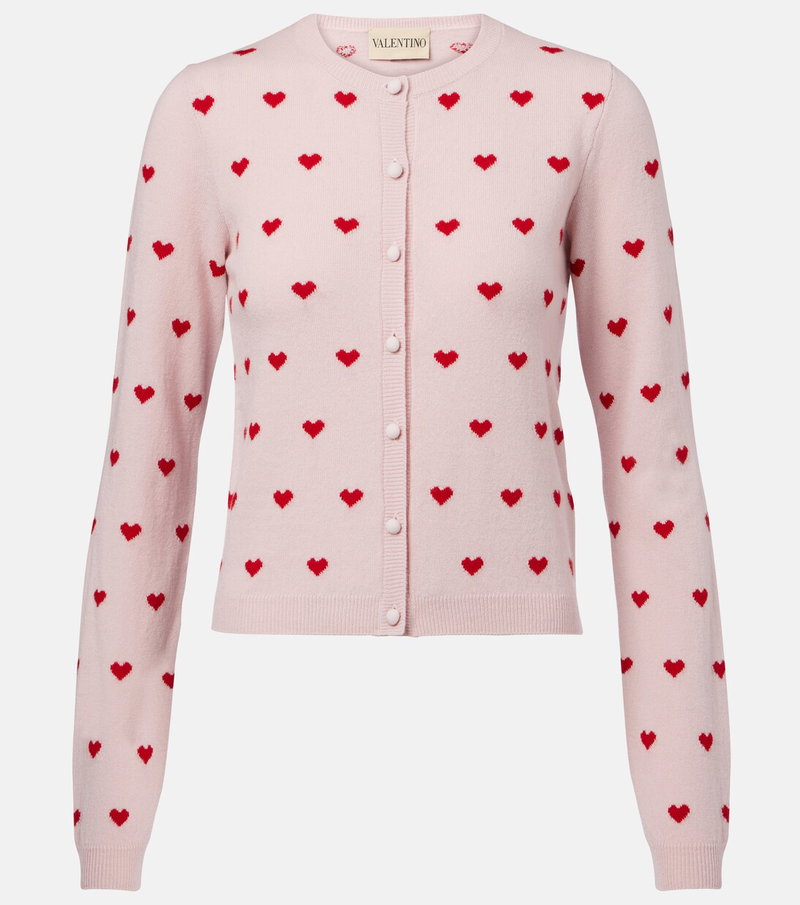 Pink cardigan with red heart embroidery