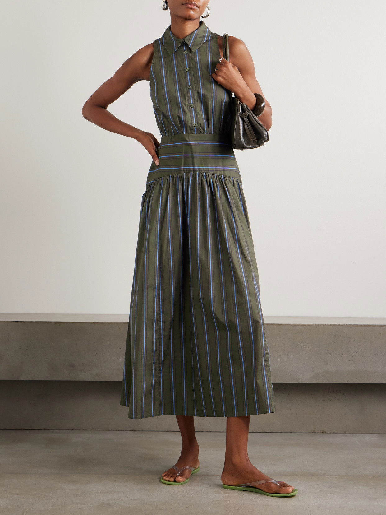 staud romy dress Navy closure placket Staud, ROMY cotton midi dress,