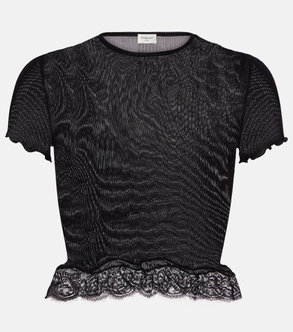 Black mesh top with lace trim detail