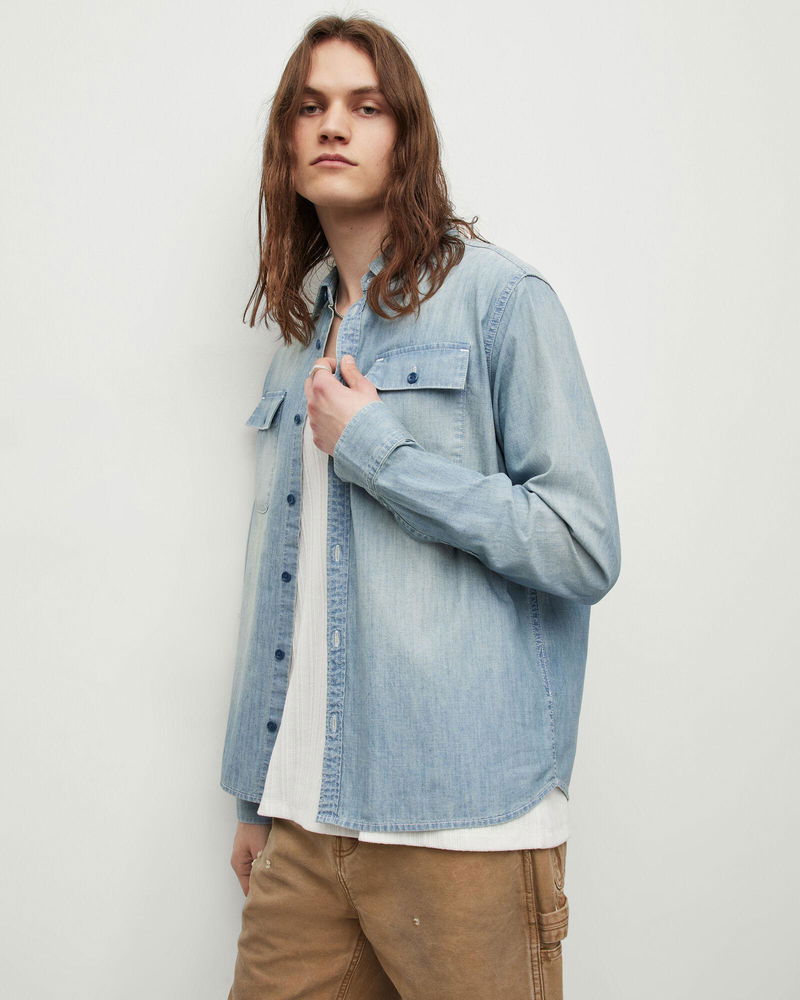 ALLSAINTS Sire Washed Denim Chest Pocket Shirt in Light Indigo | Endource