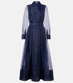 Navy blue tulle dress with sheer overlay and tie waist.