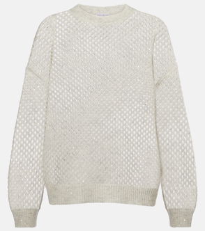 Cream-colored, textured mesh-knit sweater with silver sequins