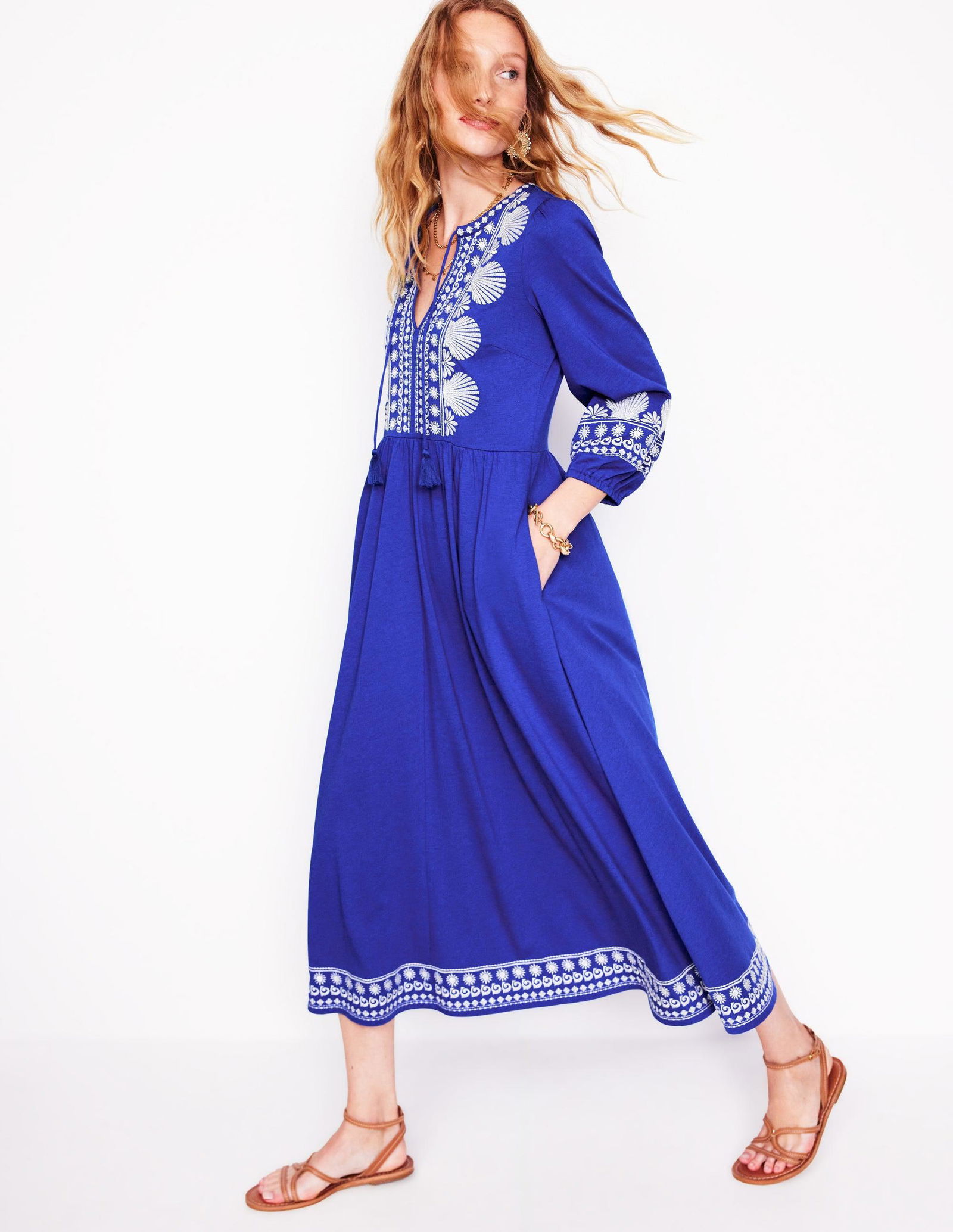 boden embroidered notch neck dress Notch Neck Jersey Maxi Dress-Navy