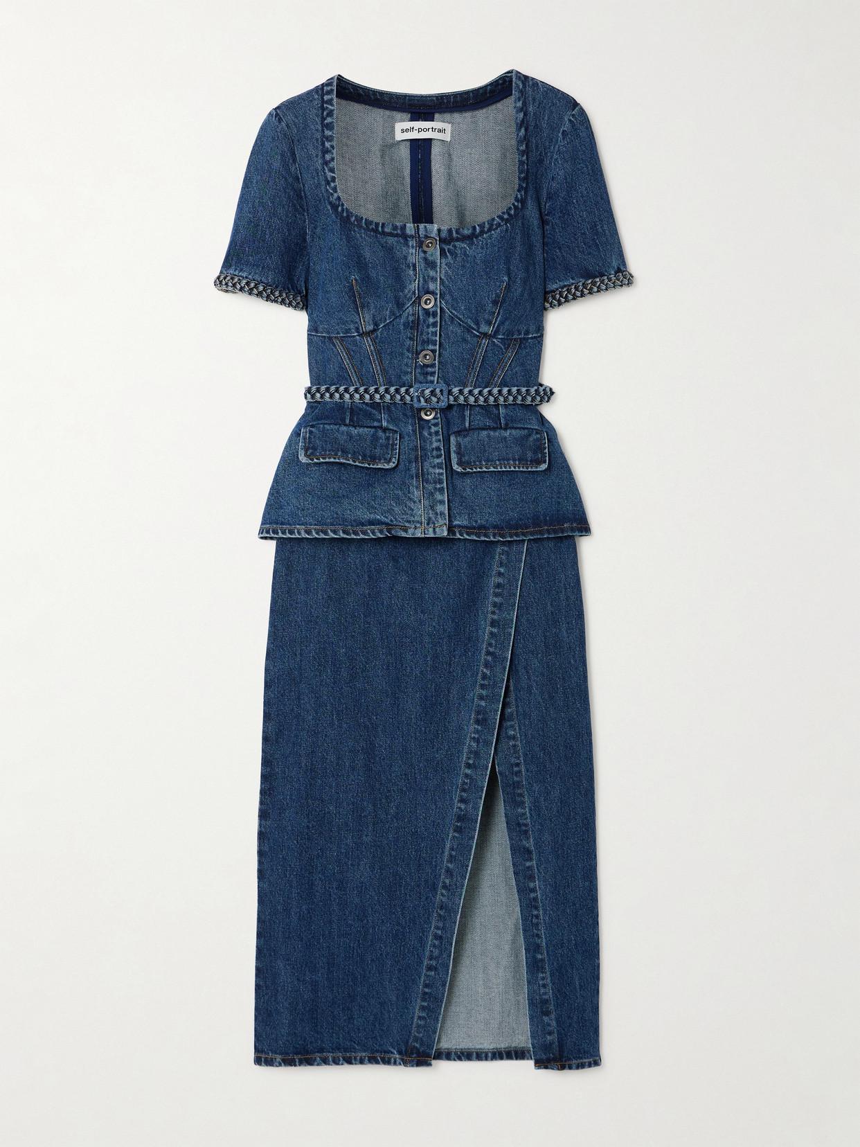 self portrait denim dress sale Strapless belted paneled denim midi dress - blue