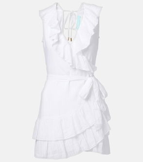 White linen wrap dress with ruffled neckline