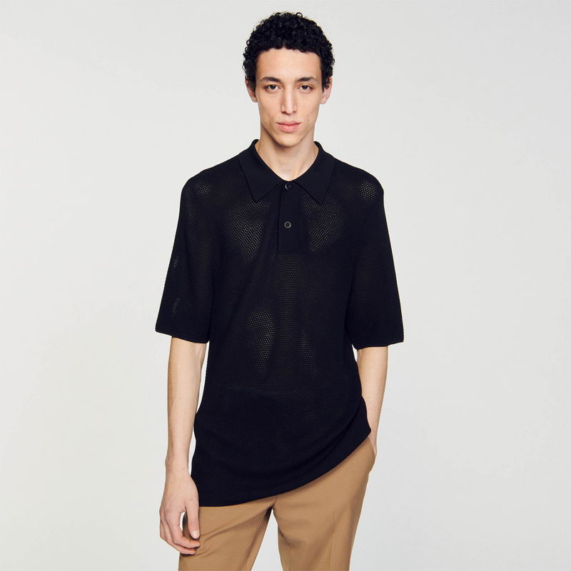 Black mesh polo shirt with SANDRO branding
