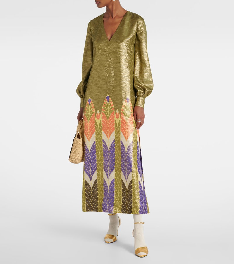 Valentino emerald green gown with leaf print and balloon sleeves