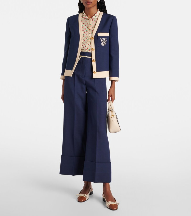 Valentino navy blazer and wide-leg trousers with floral embroidery