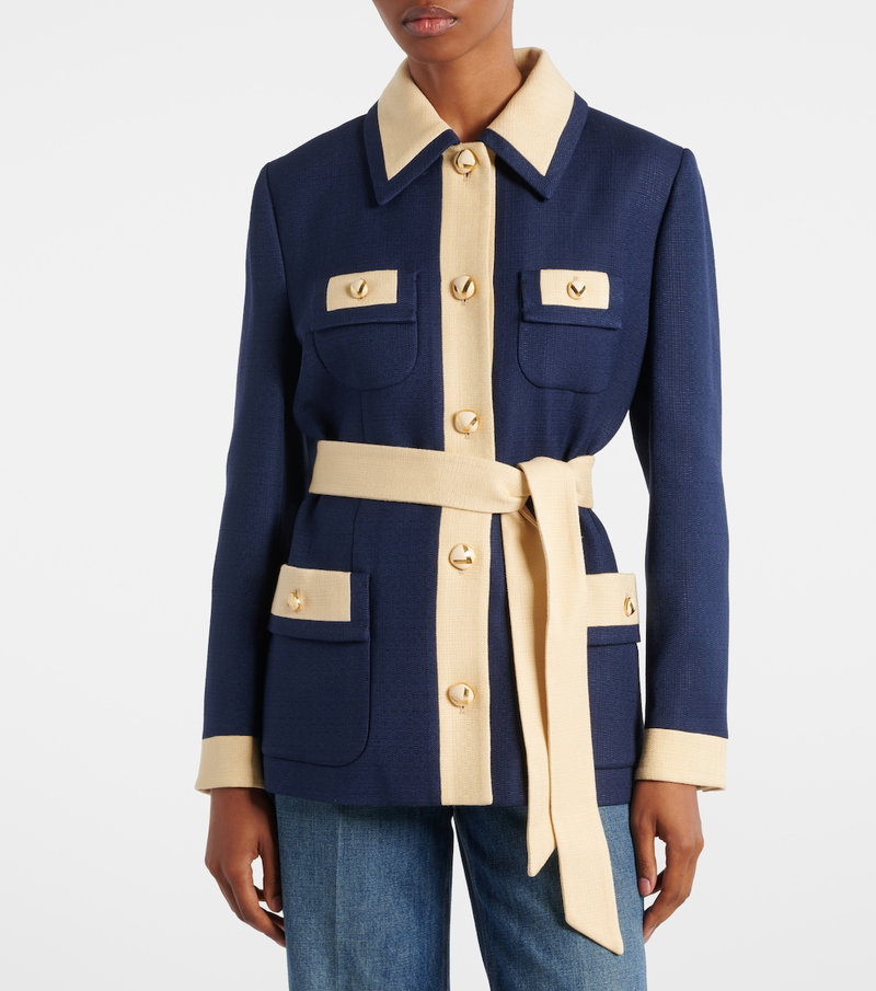 Navy and beige belted blazer with gold buttons
