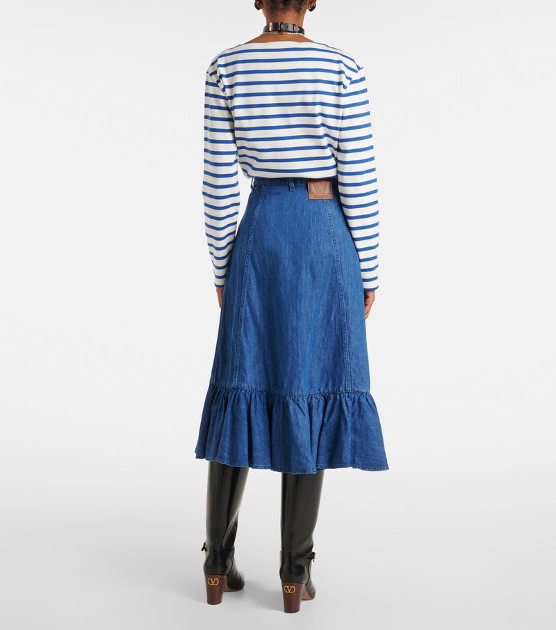 Valentino denim midi skirt with ruffled hem and leather belt.
