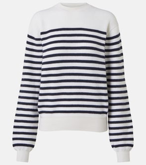 Cream-colored striped cashmere sweater with navy blue accents