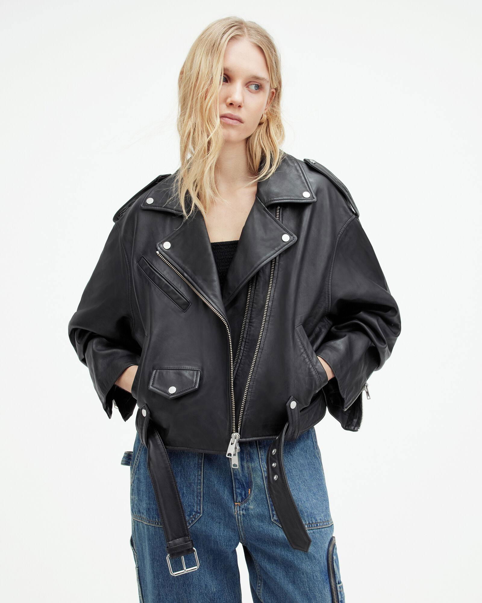 ALLSAINTS Dayle Oversized Leather Biker Jacket in Black | Endource