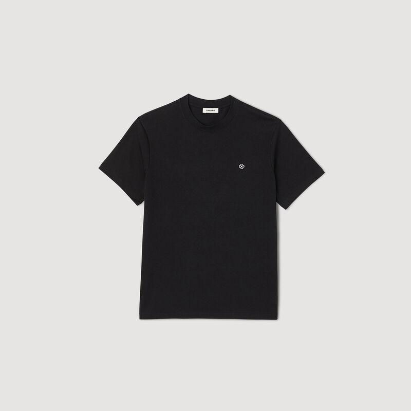 Black crewneck t-shirt with a small embroidered logo.
