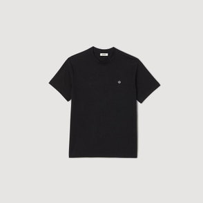 Black crewneck t-shirt with a small embroidered logo.