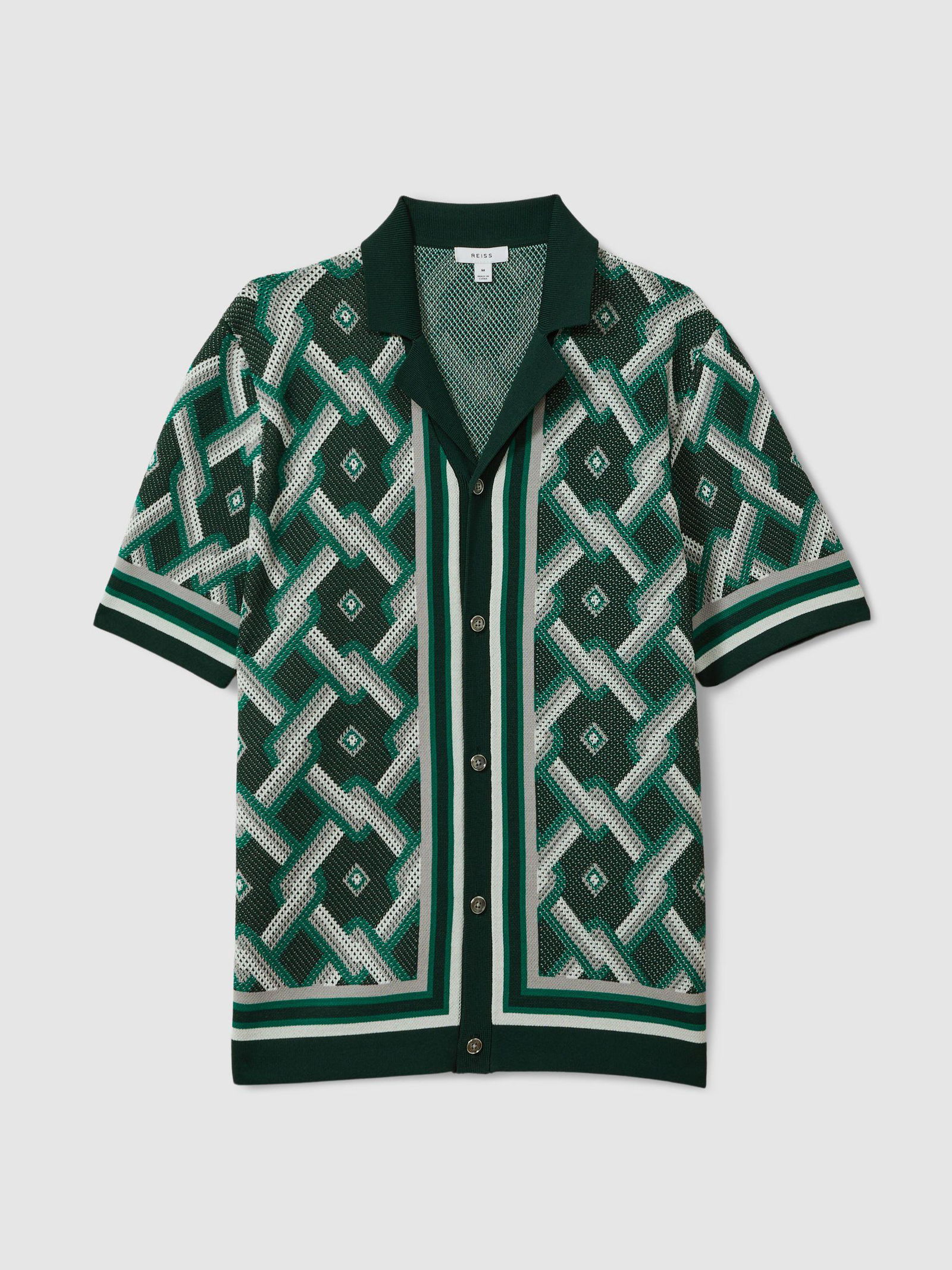 REISS Hyde Knitted Cuban Collar Shirt in Green Multi | Endource