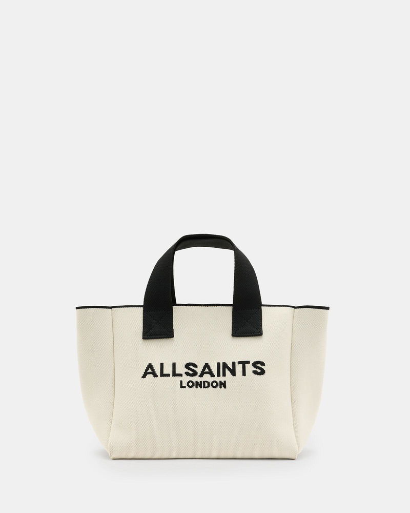 ALLSAINTS Izzy Logo Print Knitted Mini Tote Bag in Desert White | Endource