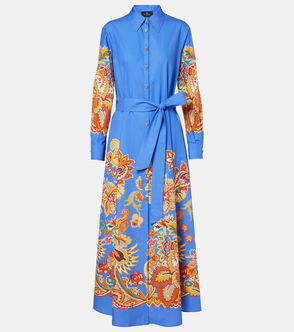 Blue paisley print dress with long sleeves and a tie waist.