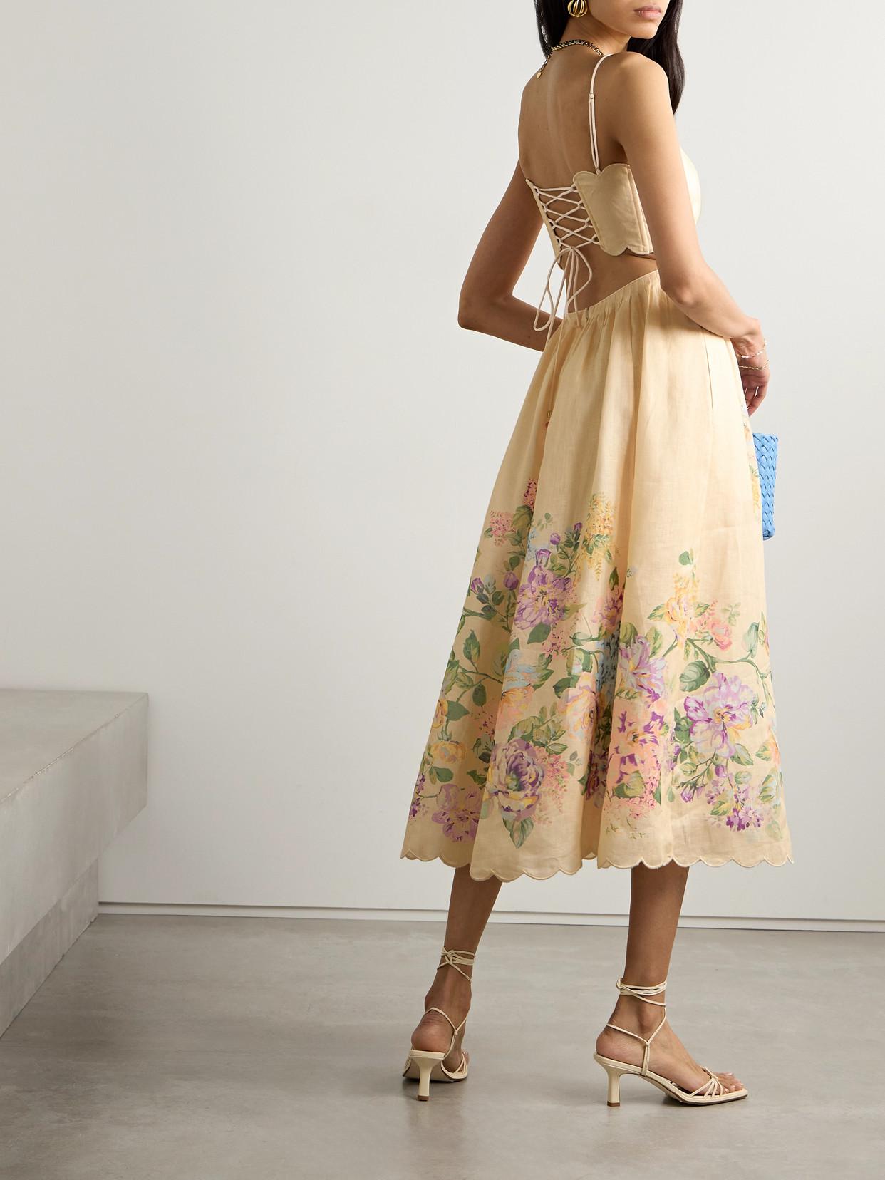 ZIMMERMANN Halliday Cutout Scalloped Pintucked Floral-Print Linen Midi Dress  | endource
