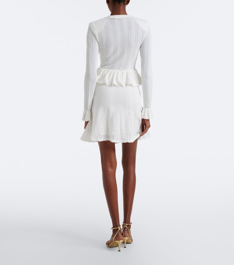 self portrait white knit peplum mini dress SELF-PORTRAIT Knitted Cotton Minidress Pointelle peplum