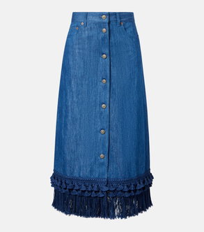Valentino denim midi skirt with button detailing and fringed hem.
