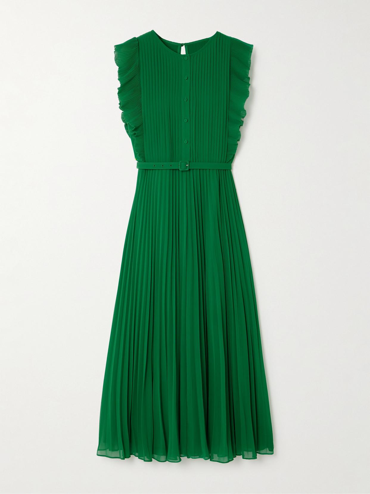 SELF-PORTRAIT Belted Ruffled Plissé-Chiffon Midi Dress in Green | Endource