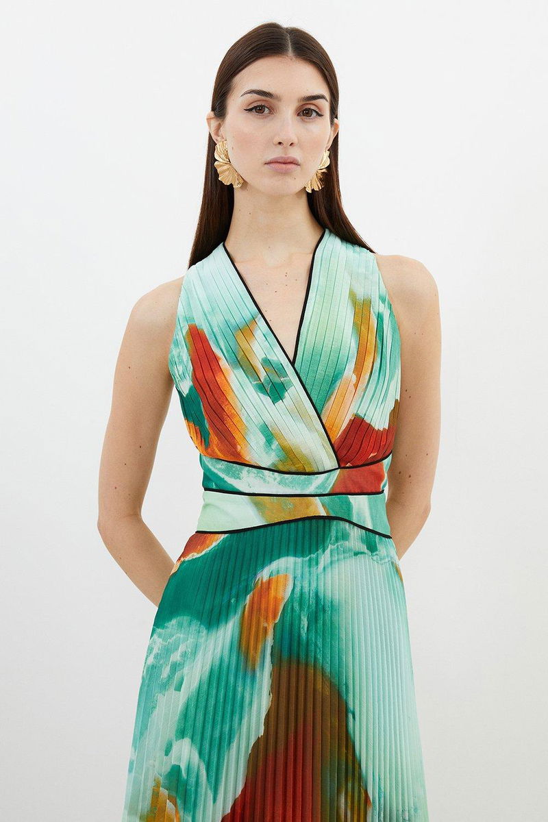 KAREN MILLEN Abstract Printed Soft Pleated Plunge Maxi Dress