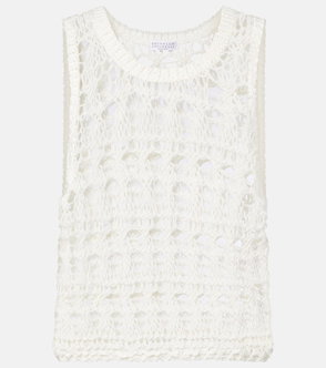 Cream-colored, open-weave knit vest with Brunello Cucinelli label.