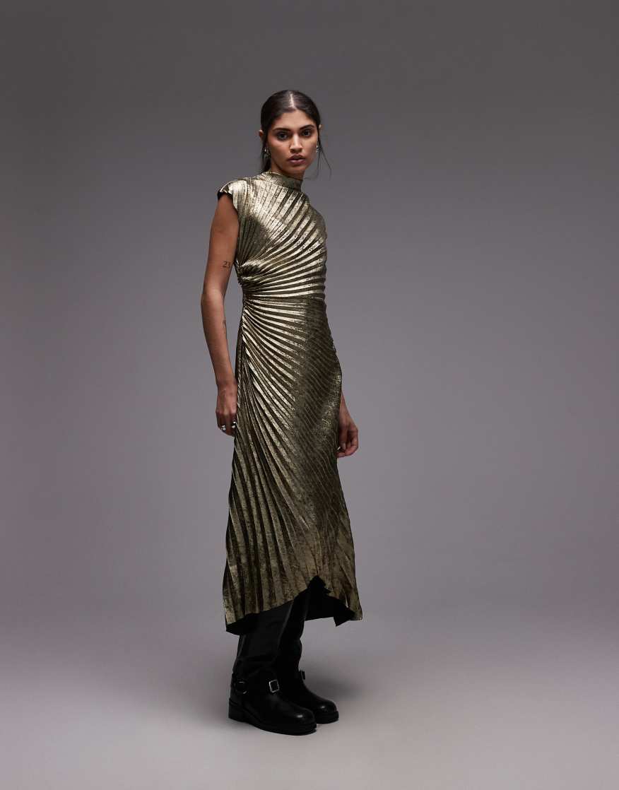 all saints pleated dress ALLSAINTS Rayanna Pleated Maxi Dress In Gold