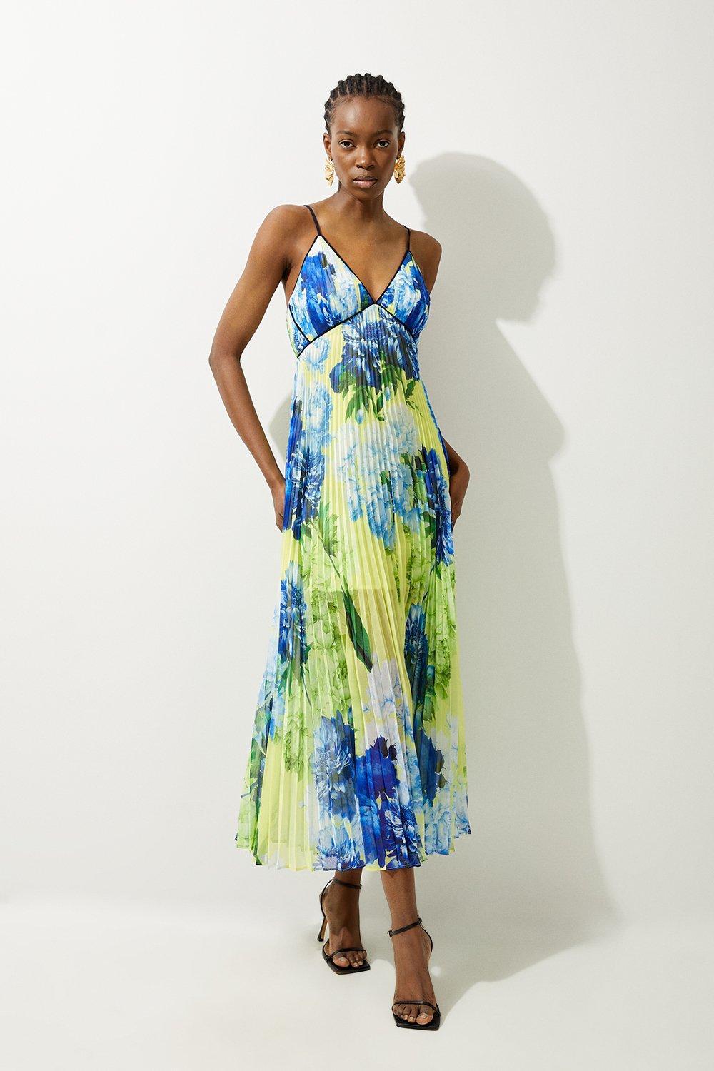 KAREN MILLEN Floral Pleated Crinkle Strappy Woven Midi Dress in Floral ...