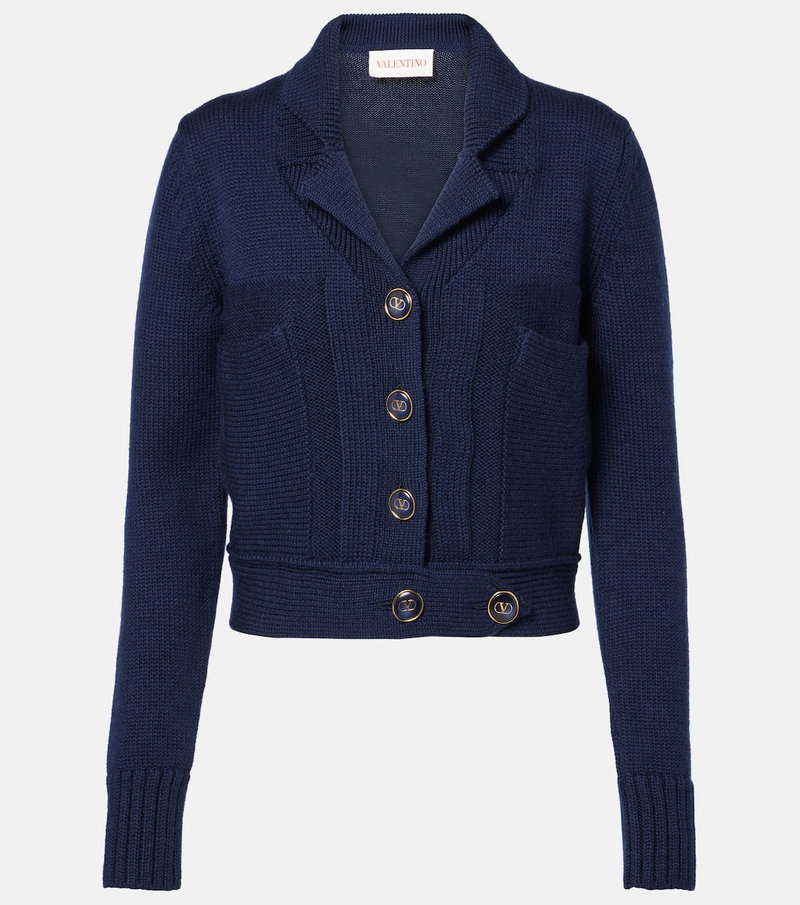 Navy blue cable-knit cardigan with Valentino logo buttons