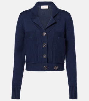 Navy blue cable-knit cardigan with Valentino logo buttons