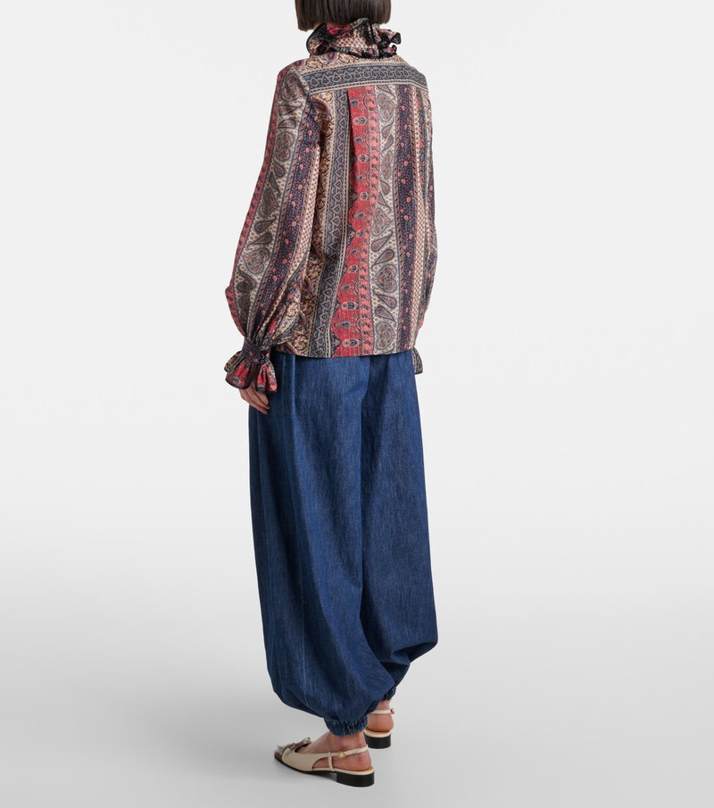 Valentino paisley-printed blouse with denim culottes