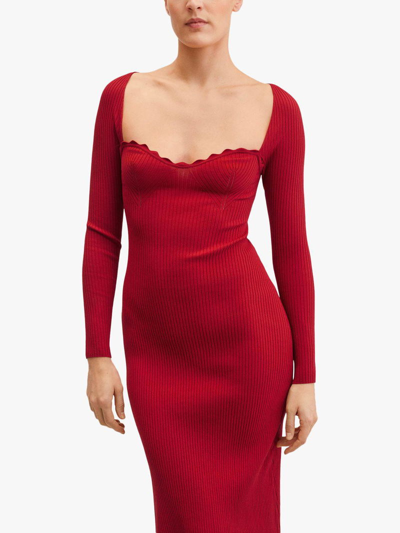 MANGO Ribbed Sweetheart Neck Knitted Midi Dress | endource