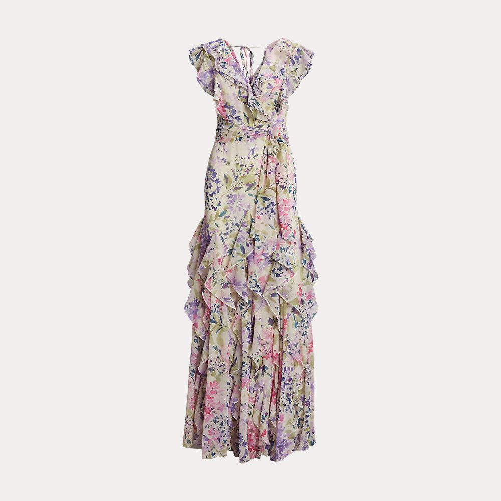 LAUREN RALPH LAUREN Floral Ruffle-Trim Georgette Gown in Multi | endource