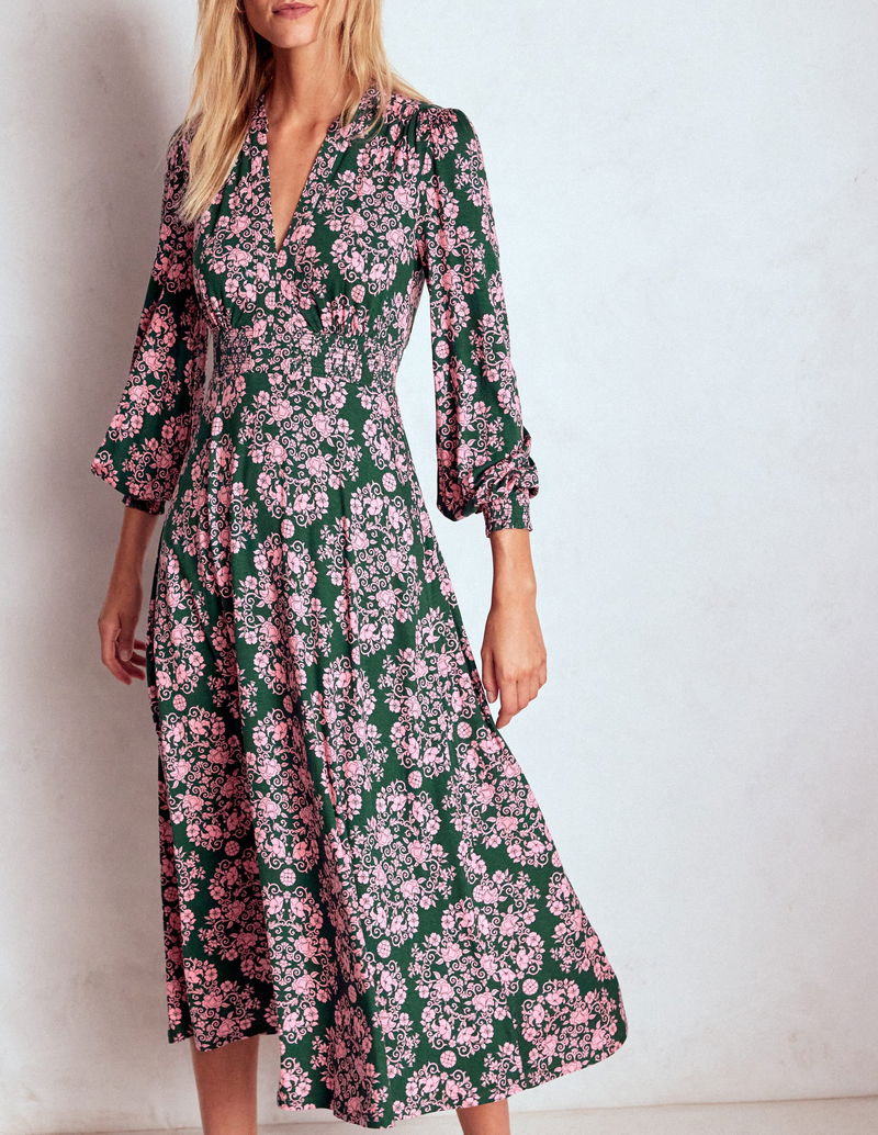 BODEN Ivy Smocked Midi Dress-Green, Ornamental Lattice | endource