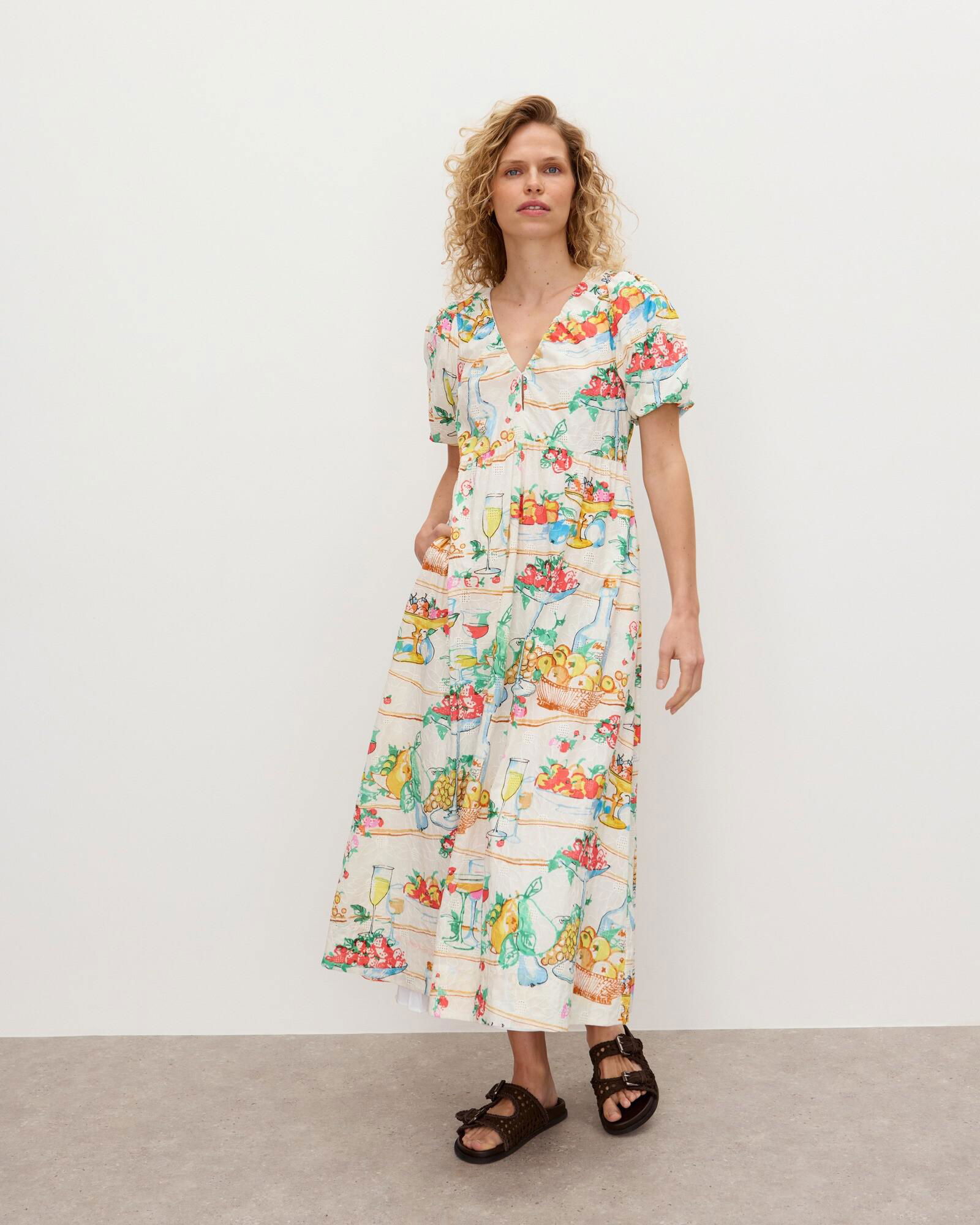 OLIVER BONAS Floral Embroidered Fruit Print Puff Sleeve Midi Dress |  endource