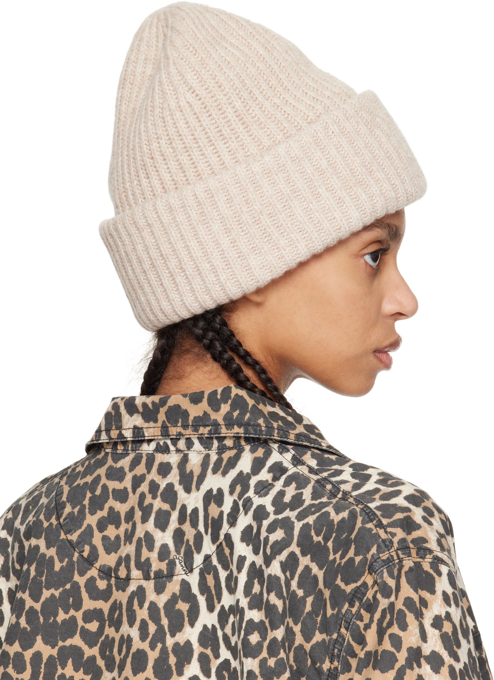 Ganni Oversized Marled Knit Beanie GANNI: Beige Oversized Wool Rib Knit Beanie | SSENSE United  main image 3