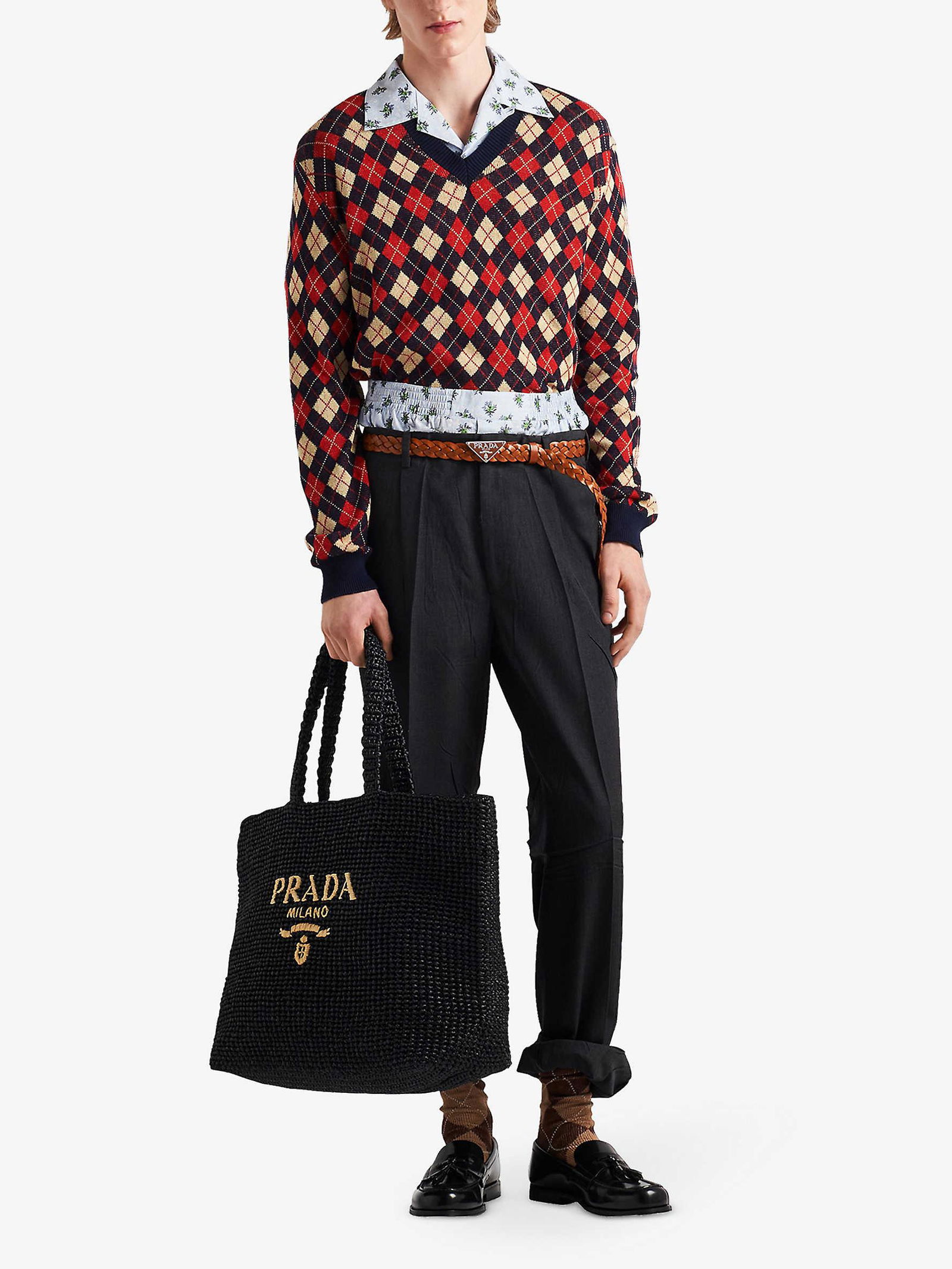 PRADA Argyle-Pattern V-Neck Cotton Knit Sweatshirt | endource