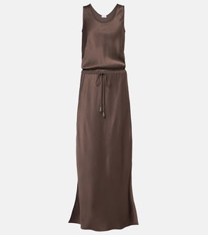 Brown satin maxi dress with drawstring waist.