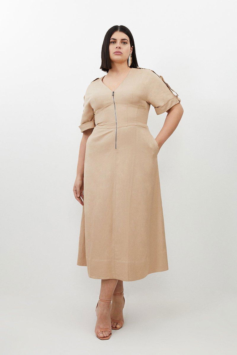 KAREN MILLEN Plus Size Premium Linen Twill Short Sleeve Midi Dress