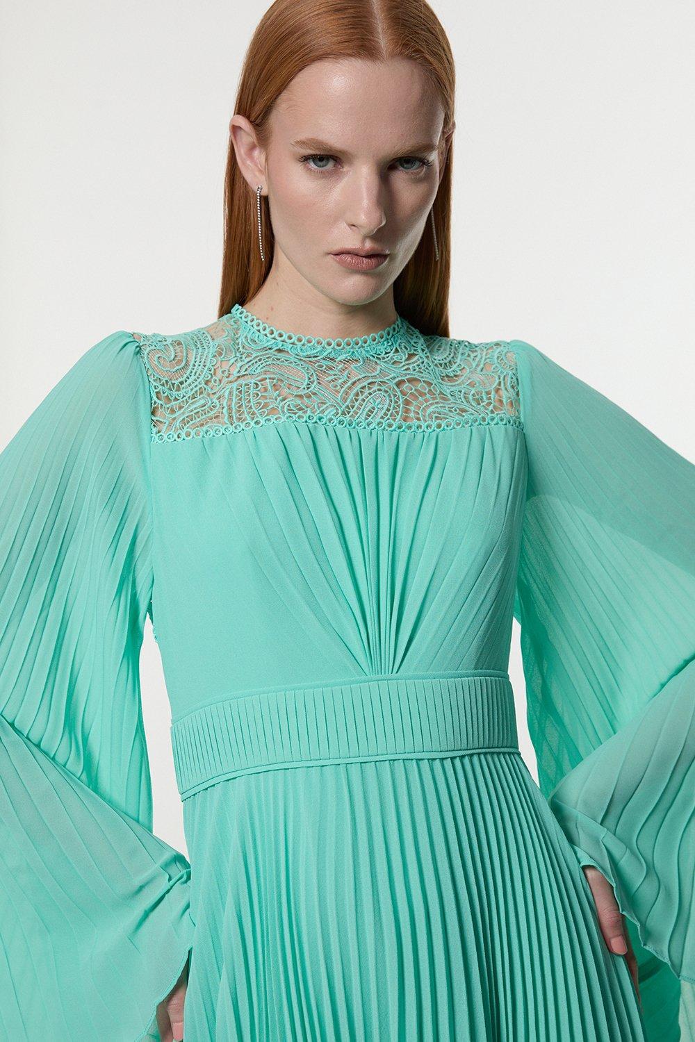 strapless open back dress Leaves and Floral Scarf Pirnt Pleated Dress in Kimono sleeves in green – CY  Boutique main image 0