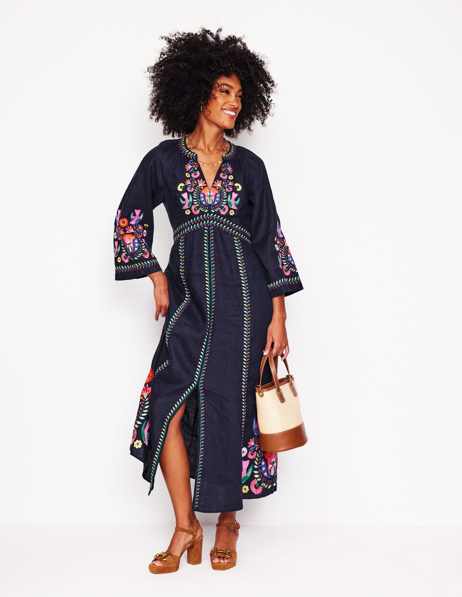 green emerald velvet dress Ava Linen Blend Midi Dress-Blue Embroidery