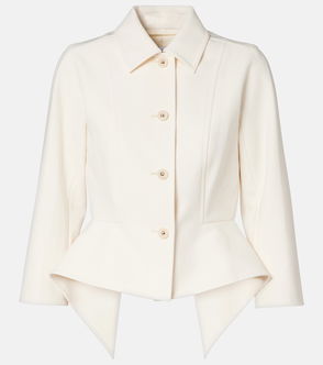 Cream-colored, tailored jacket with a notched collar and button closures.