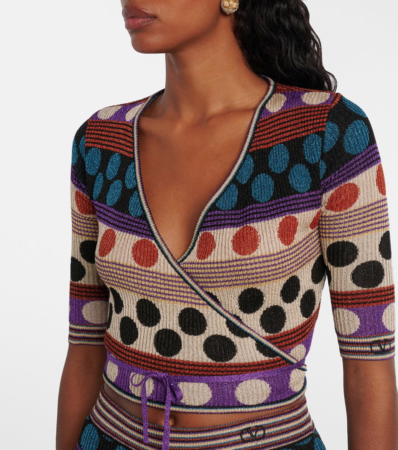 Valentino wrap-style knit top with colorful polka dots