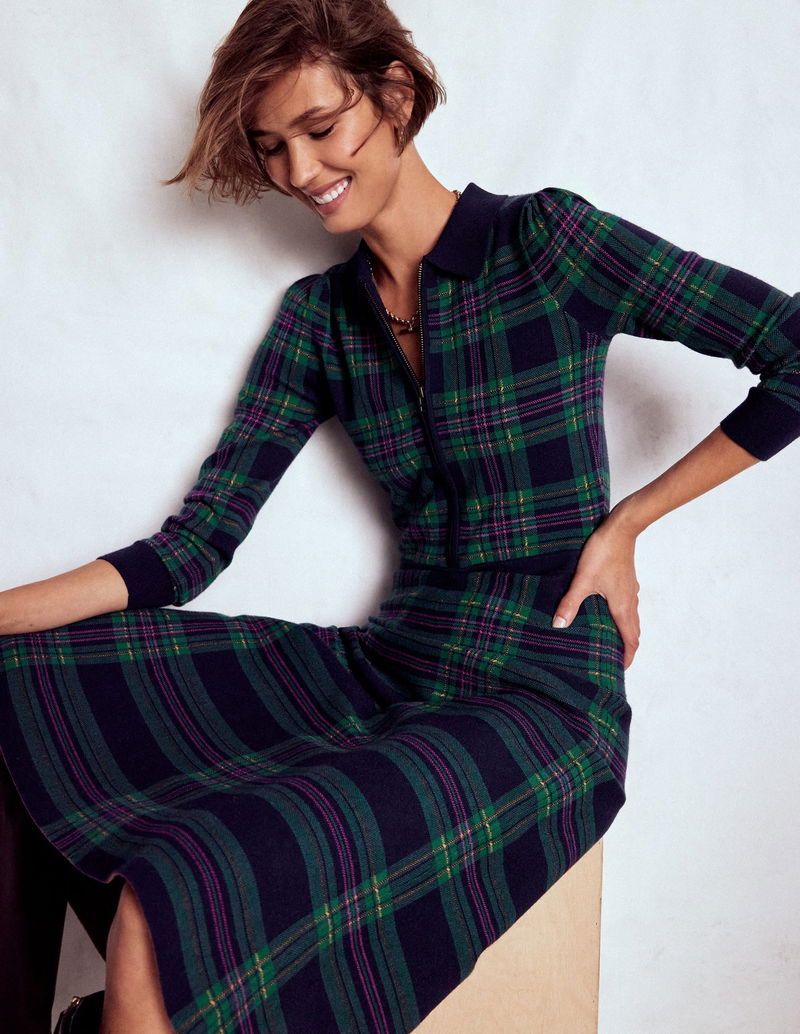 BODEN Fiona Zip Front Knitted Dress-Green Check | endource BODEN Fiona Zip Front Knitted Dress-Green Check | endource