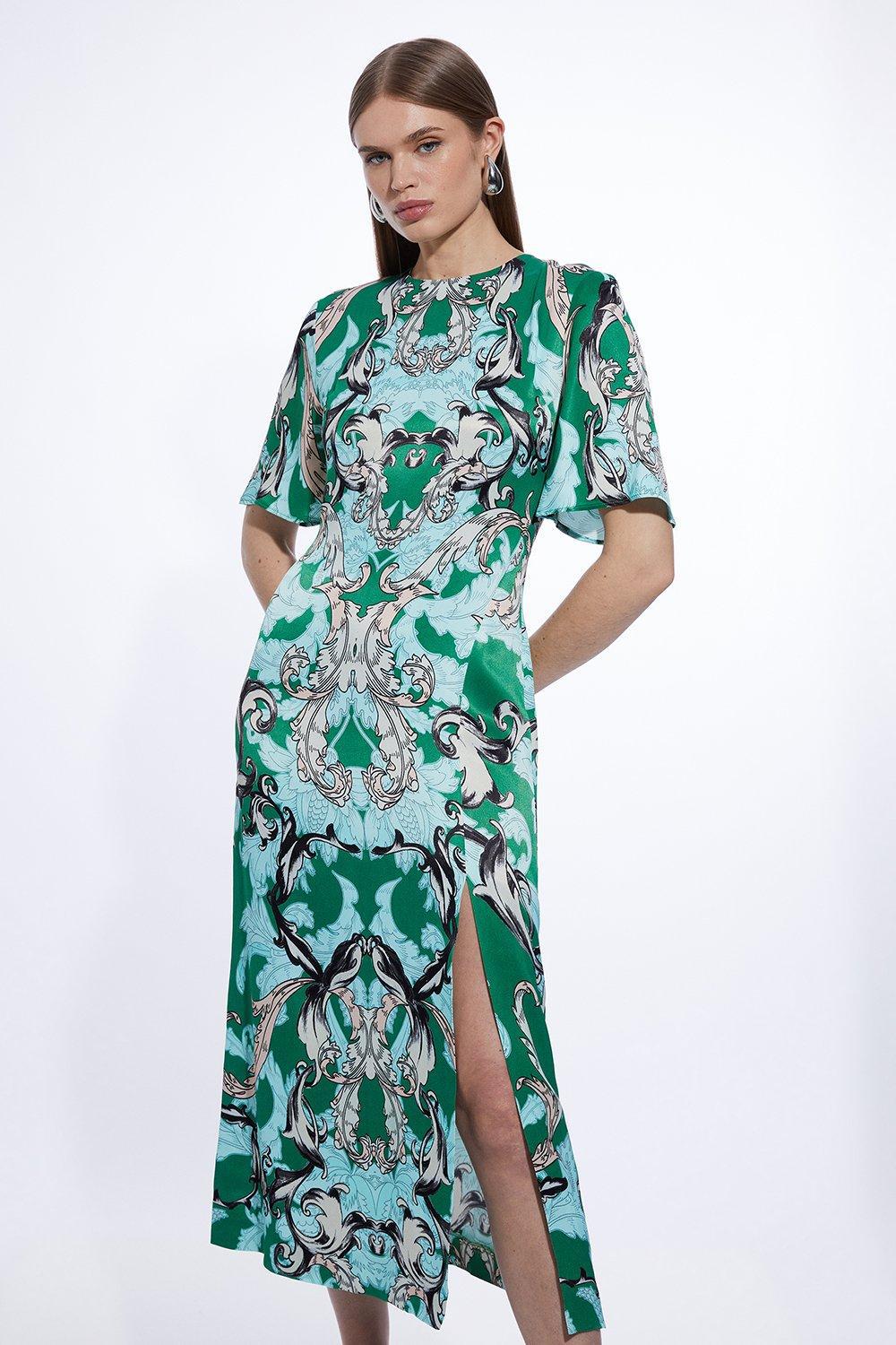 KAREN MILLEN Mirrored Baroque Short Sleeve Midi Dress in Green | Endource