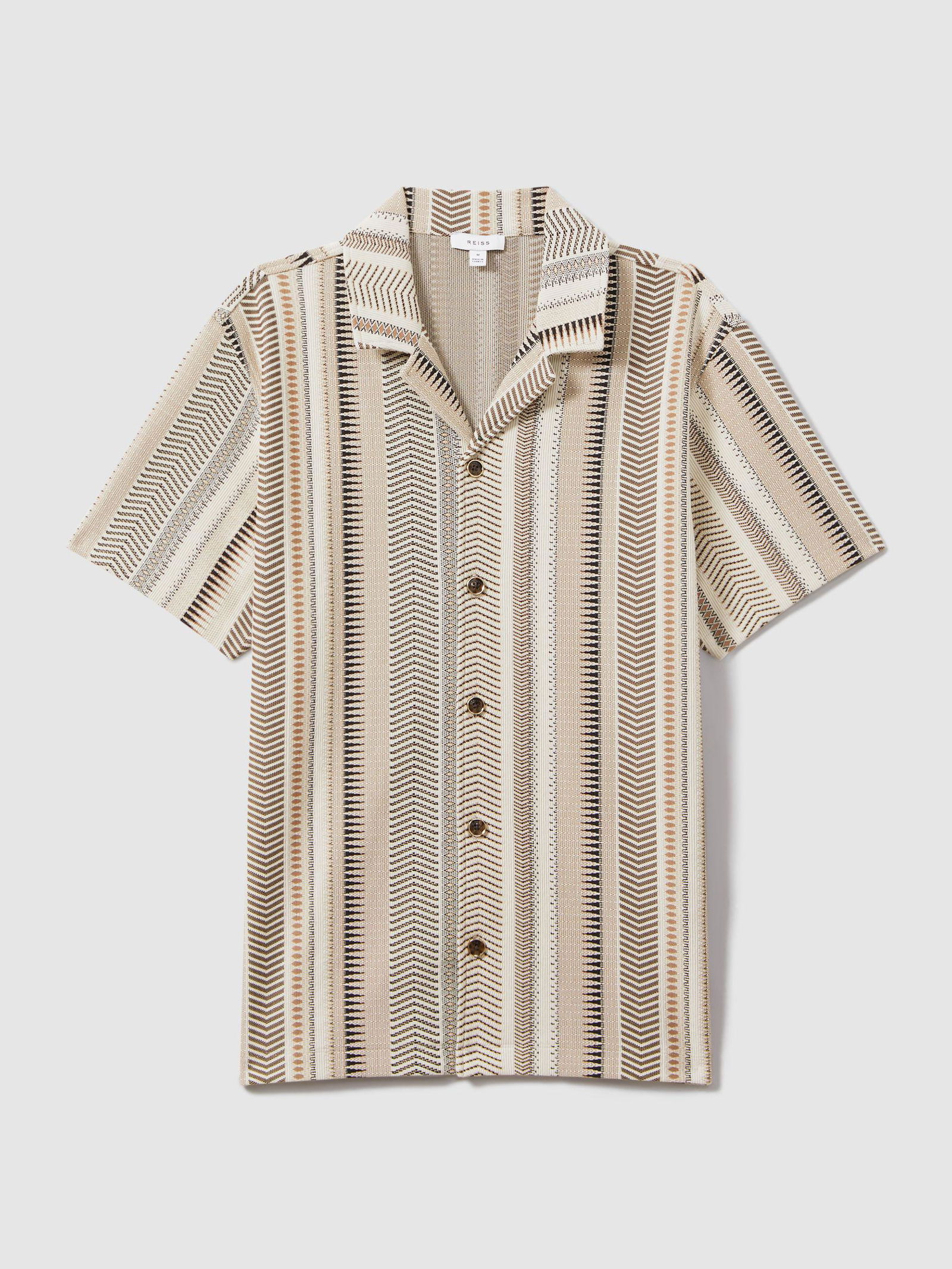 REISS Archer Jacquard Aztec Cuban Collar Shirt in Ecru Multi | Endource