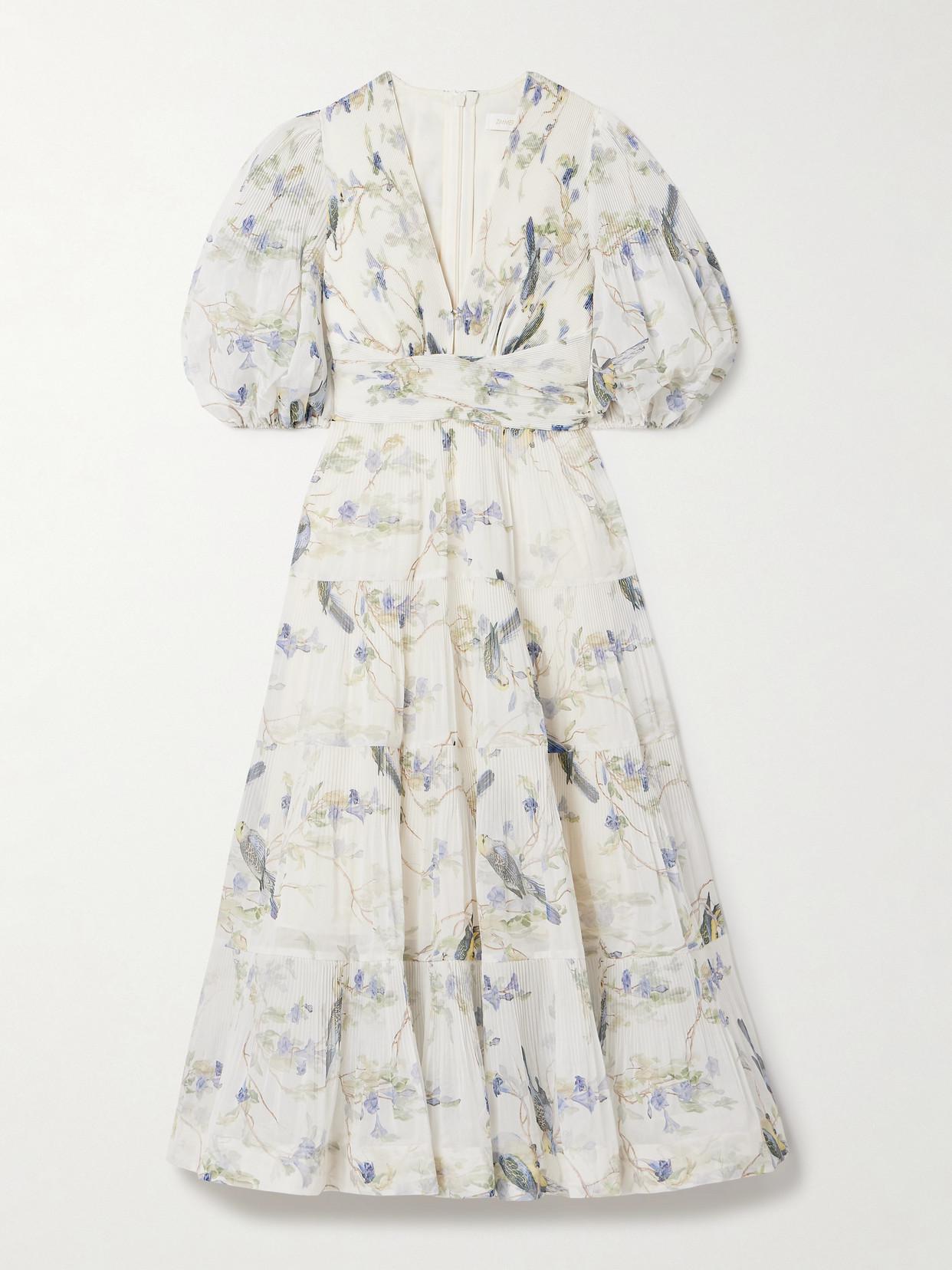 ZIMMERMANN Belted Pleated Printed Chiffon Midi Dress | endource