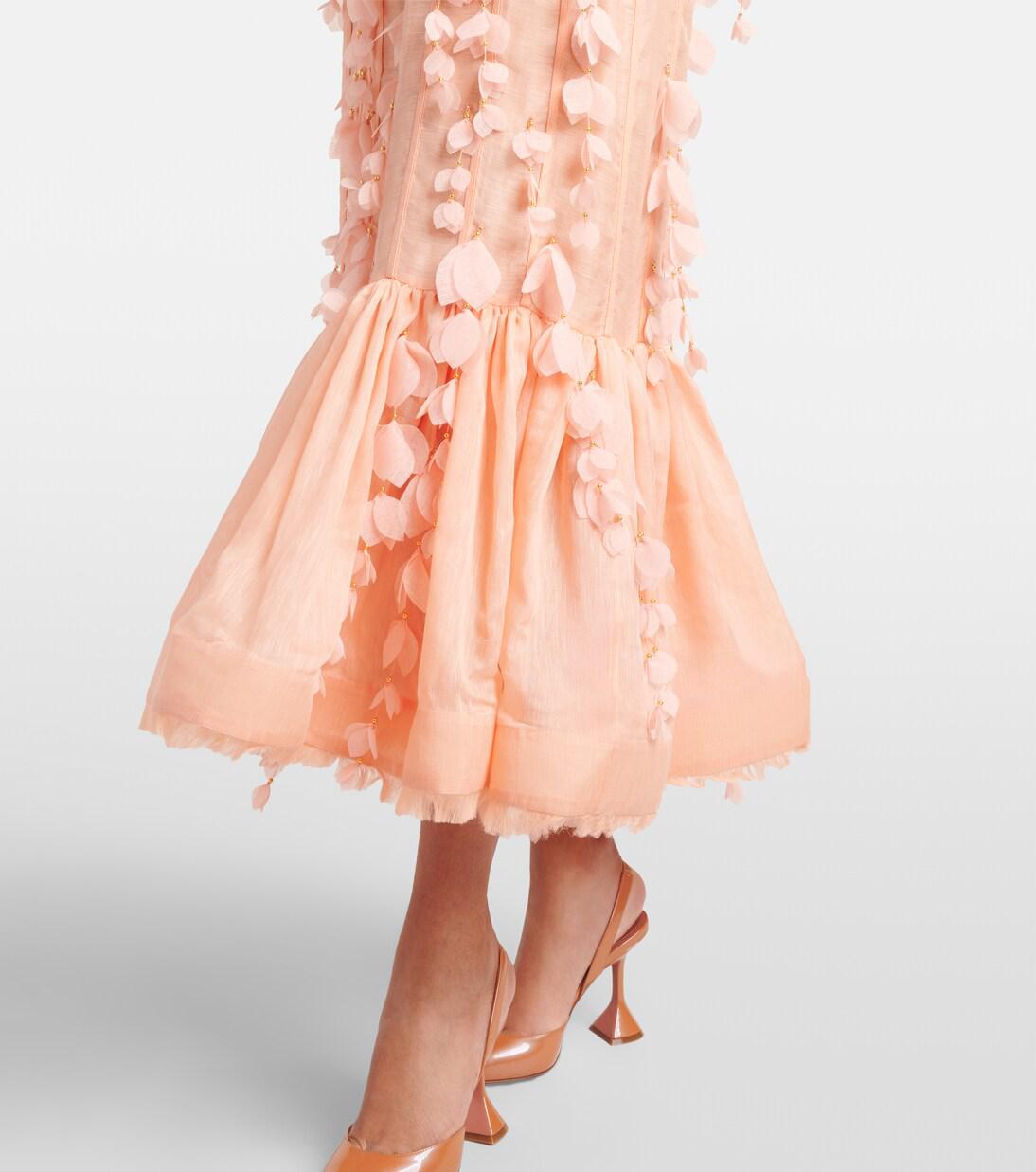 zimmermann dawning floral linen and silk midi dress Zimmermann Linen-Silk Corset Gown with Petal Appliqus and Sweetheart Neckline in Natural